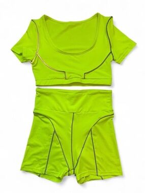 Neon Green Two Piece Workout Active Wear  Set With Gray Reflective Detail